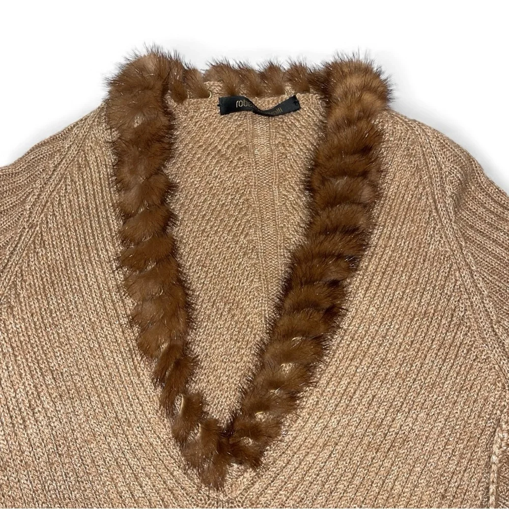 Roberto Cavalli Tan Sweater Camel Hair Belted Medallion V Neck 6 VTG Vintage 🟡